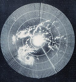 Brightness can indicate reflectivity as in this 1960 weather radar image (of Hurricane Abby). The radar's frequency, pulse form, polarization, signal processing, and antenna determine what it can observe.