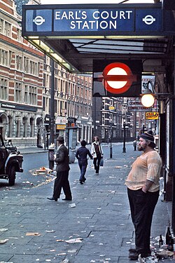 Marquee outside Earl's Court tube station, London, 1973.