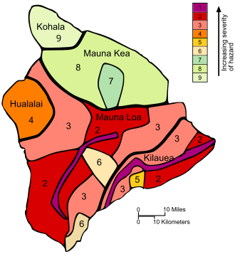 Clickable imagemap of the United States Geological Survey hazard mapping for Hawaii island; the lowest numbers correspond with the highest hazard levels.