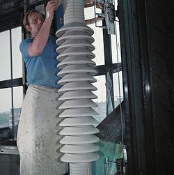 High voltage ceramic bushing during manufacture, before glazing (1977)