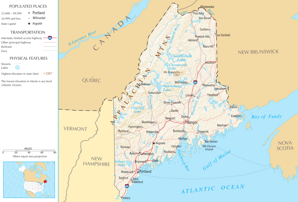 A map of Maine showing its famed jagged coast