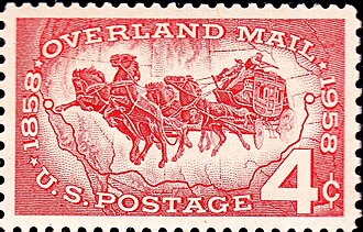 Overland mail commemorative stamp issued by the U.S. Post Office, 100th Anniversary, October 10, 1958