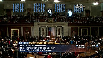 C-SPAN's HDTV coverage of the beginning of the 112th Congress on January 5, 2011. The on-screen design seen here was used from April 19, 2010, to January 17, 2016.