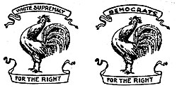In many states, the logo of the Democratic Party was a rooster, for instance, in Alabama: Logo of the Alabama Democratic Party, 1904–1966 (left) and 1966–1996 (right).[158][159]
