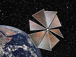 An artist's depiction of a Cosmos 1-type spaceship in orbit
