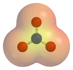 An electrostatic potential map of the nitrate ion (NO−3). The 3-dimensional shell represents a single arbitrary isopotential.