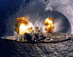 USS Iowa (BB-61) fires a full broadside 1984.