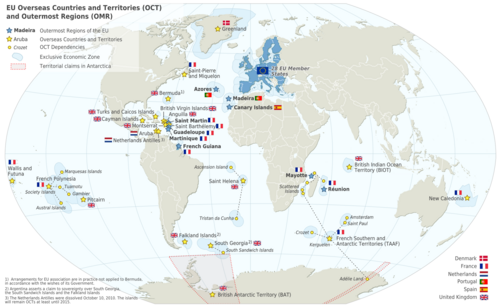2013–2020 map of the European Union in the world with overseas countries and territories and outermost regions