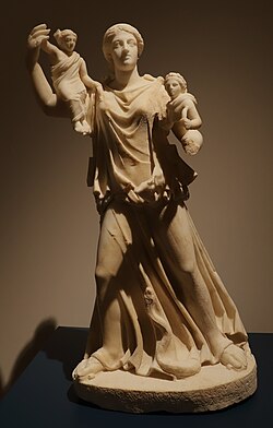 Leto on the run with Artemis and Apollo, Roman statue circa 350–400 CE