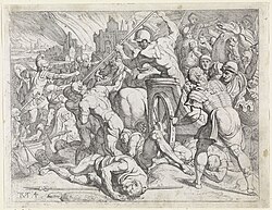 Odysseus and his soldiers fighting the Cicones —allies of the Trojans— during the sacking of their city. After seizing goods and women, Odysseus is driven back by allies of the Cicones.