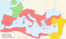 The Empires of Gaul (green), Rome (red), and Palmyra (yellow) in 271.