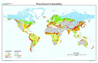 World map indicating areas that are vulnerable to high rates of water erosion