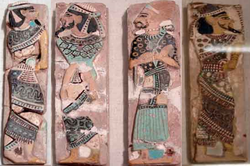 Ramesses III prisoner tiles depicting Canaanite and Shasu leaders as captives. Most archaeologists regard the Hebrews as local Canaanite refugees and possibly some Shasu settling down in the hill-country.[12][13][14]