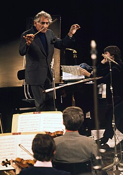 Leonard Bernstein rehearsing at the Royal Albert Hall, London, 1973