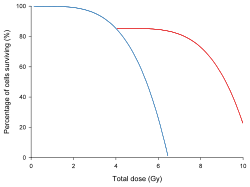 This is a graph depicting the effect of dose fractionation on the ability of gamma rays to cause cell death. The blue line is for cells which were not given a chance to recover; the radiation was delivered in one session. The red line is for cells which were allowed to stand for a time and recover with the pause in delivery conferring radioresistance.