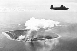 Nauru Island under attack by B-24 Liberator bombers of the Seventh Air Force
