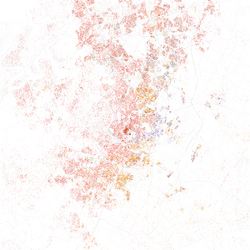 Map of racial distribution in Austin, 2010 U.S. census. Each dot is 25 people: ⬤ White ⬤ Black ⬤ Asian ⬤ Hispanic ⬤ Other