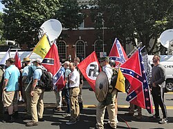 Protesters at the Unite the Right rally carrying Confederate flags, Gadsden flags, and a Nazi flag