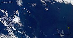 The pumice raft generated by the August 2019 eruption. Captured by the Copernicus Sentinel-2 mission on 21 August 2019