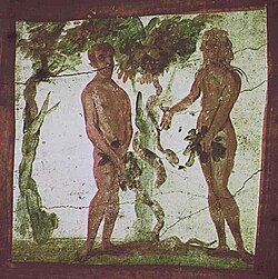 A depiction of Adam and Eve in the Garden of Eden; first half of the fourth century AD.