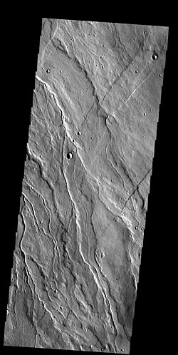 Lava flows with central channels on NW flank of Alba Mons. Note that the lava flows are crosscut by faults and graben, indicating that the faults are younger than the flows (THEMIS VIS).