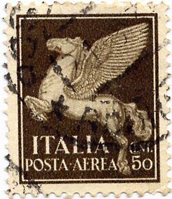 Pegasus has frequently appeared on airmail stamps, such as this early example from Italy, 1930.