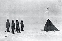 Amundsen's party at the South Pole, December 1911. From left to right: Amundsen, Hanssen, Hassel and Wisting (photo by fifth member Bjaaland).