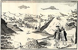 1744 engraving published in Relación histórica del viaje a la América meridional. The image shows cattle in the Chilean countryside including a square for cattle slaughter.