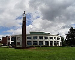 Clark College chime tower, with the Cannell library in the background