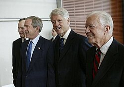 Then-President George W. Bush along with former U.S. presidents George H. W. Bush, Bill Clinton, and Jimmy Carter at the library's dedication
