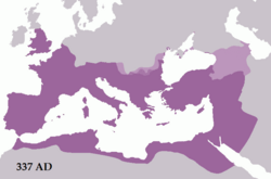 The Roman Empire in 337, showing the Empire under Constantine (shaded purple) and other Roman dependencies (light purple).