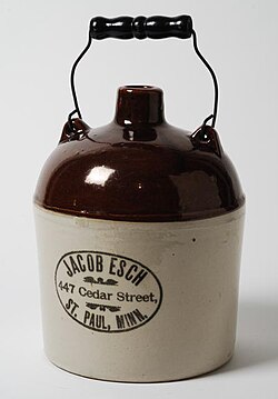 American stoneware jug with Albany slip glaze on the top, c. 1900, Red Wing, Minnesota[9]