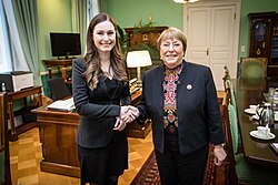 Bachelet with Finnish Prime Minister Sanna Marin in Helsinki, 5 February 2020