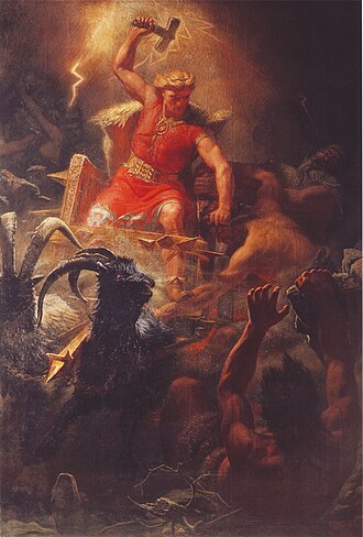 Thor's Fight with the Giants (1872) by Mårten Eskil Winge. Thor is the god of thunder in Norse mythology.