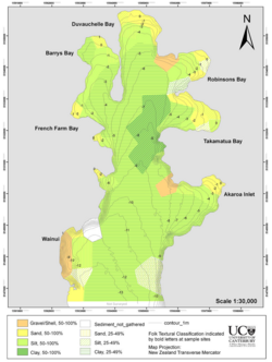 Figure 2. Map of Akaroa Harbour showing a fining of sediments with increased bathymetry toward the central axis of the harbour. Taken from Hart et al. (2009) and the University of Canterbury under the contract of Environment Canterbury.[5]
