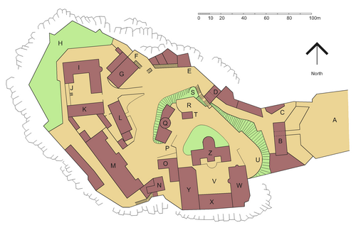 Plan of Edinburgh Castle Key: A Esplanade · B Gatehouse · C Ticket office · D Portcullis Gate & Argyle Tower · E Argyle Battery · F Mills Mount Battery & One o'Clock Gun · G Cartsheds · H Western Defences · I Hospital · J Butts Battery · K Scottish National War Museum · L Governors House · M New Barracks · N Military Prison · O Royal Scots Museum · P Foog's Gate · Q Reservoirs · R Mons Meg · S Pet Cemetery · T St. Margaret's Chapel · U Half Moon Battery · V Crown Square · W Royal Palace · X Great Hall · Y Queen Anne Building · Z Scottish National War Memorial