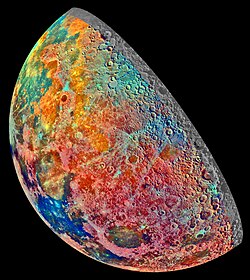 False-color image of the Moon taken by the Galileo orbiter showing geological features. NASA photo