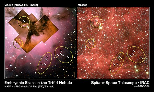 The visible-light (left) and infrared (right) views of the Trifid Nebula, a giant star-forming cloud of gas and dust located 5,400 light-years (1,700 pc) away in the constellation Sagittarius