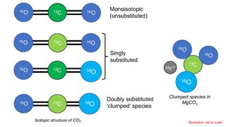 Isotopic structure of CO2 and MgCO3 illustrating singly and doubly substituted species of CO2.