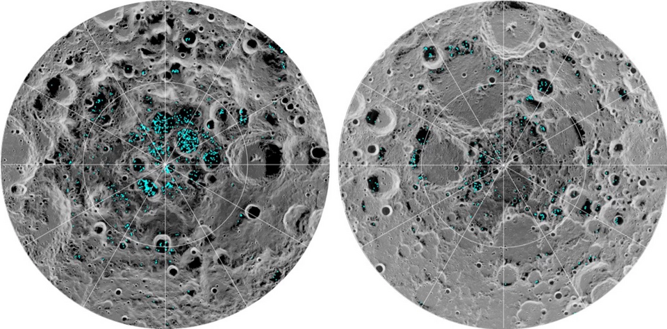 The image shows the distribution of surface ice (shown in blue color) at the Moon's south pole (left) and north pole (right) as viewed by NASA's Moon Mineralogy Mapper (M3) spectrometer onboard India's Chandrayaan-1 orbiter