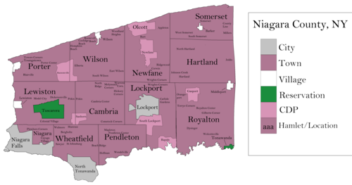 Also a map showing Niagara County's municipalities, but with Census Designated Places and Hamlets