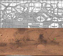 Classical albedo features on Mars, whose names date back to Schiaparelli (1888 map above), share some boundaries with more recent satellite observations.[4]