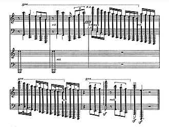 The finale of the movement Antinomy from Five Encores to Dynamic Motion (1917), showing five-and-a-half octave chromatic clusters to be played with both forearms