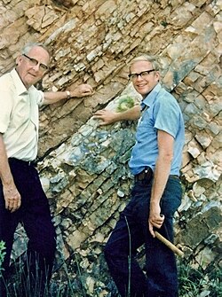 Luis (left) and Walter Alvarez (right) at the K-Pg boundary in Gubbio, Italy in 1981. This team discovered geological evidence for an asteroid impact causing the K-Pg extinction, spurring a wave of public and scientific interest in mass extinctions and their causes