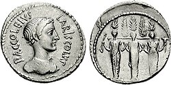 A first-century BC denarius (RRC 486/1) depicting the head of Diana and her triple cult statue[14]