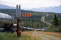The Trans-Alaska Pipeline transports oil, Alaska's most financially important export, from the North Slope to Valdez. The heat pipes in the column mounts are pertinent, since they disperse heat upwards and prevent melting of permafrost.