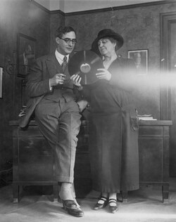 Adella inspecting The Cleveland Orchestra's first recording with Music Director Nikolai Sokoloff; photo by Wide World Photos, use courtesy of The Cleveland Orchestra Archives