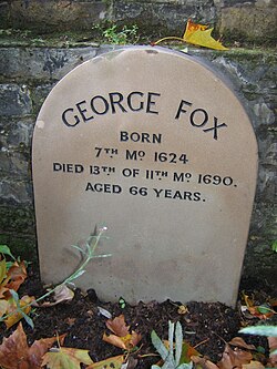 The Quaker testimony of simplicity extends to memorialisation. Founder George Fox is remembered with a simple grave marker at Quaker Gardens, Islington, London.