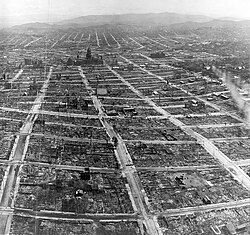 Aerial view of the aftermath to the 1906 San Francisco earthquake and fire