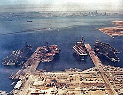 Carriers Coral Sea, Hancock, Oriskany and Enterprise at Alameda, in 1974